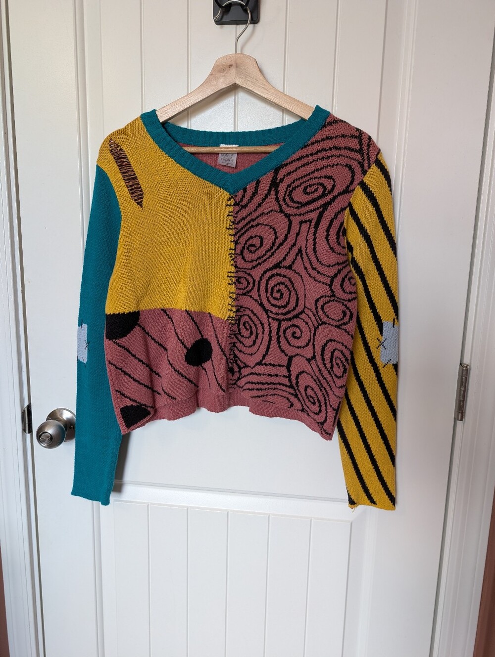 Nightmare Before Christmas Sally Cropped Knit Sweater Medium Blue/Yellow